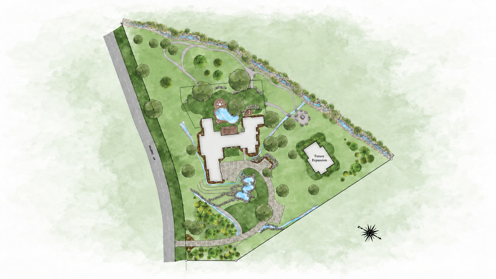 Illustrated site plan of the 8211 Valerio estate showing the residence, pool, landscaped grounds, creek, and future expansion area