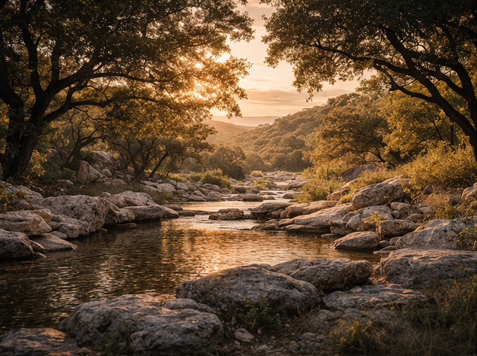 Sunlit creek running through the Barton Creek landscape