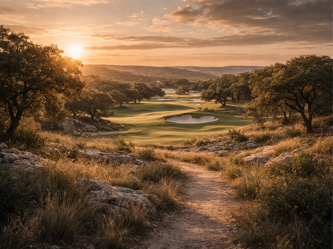 Golden-hour golf landscape in Barton Creek