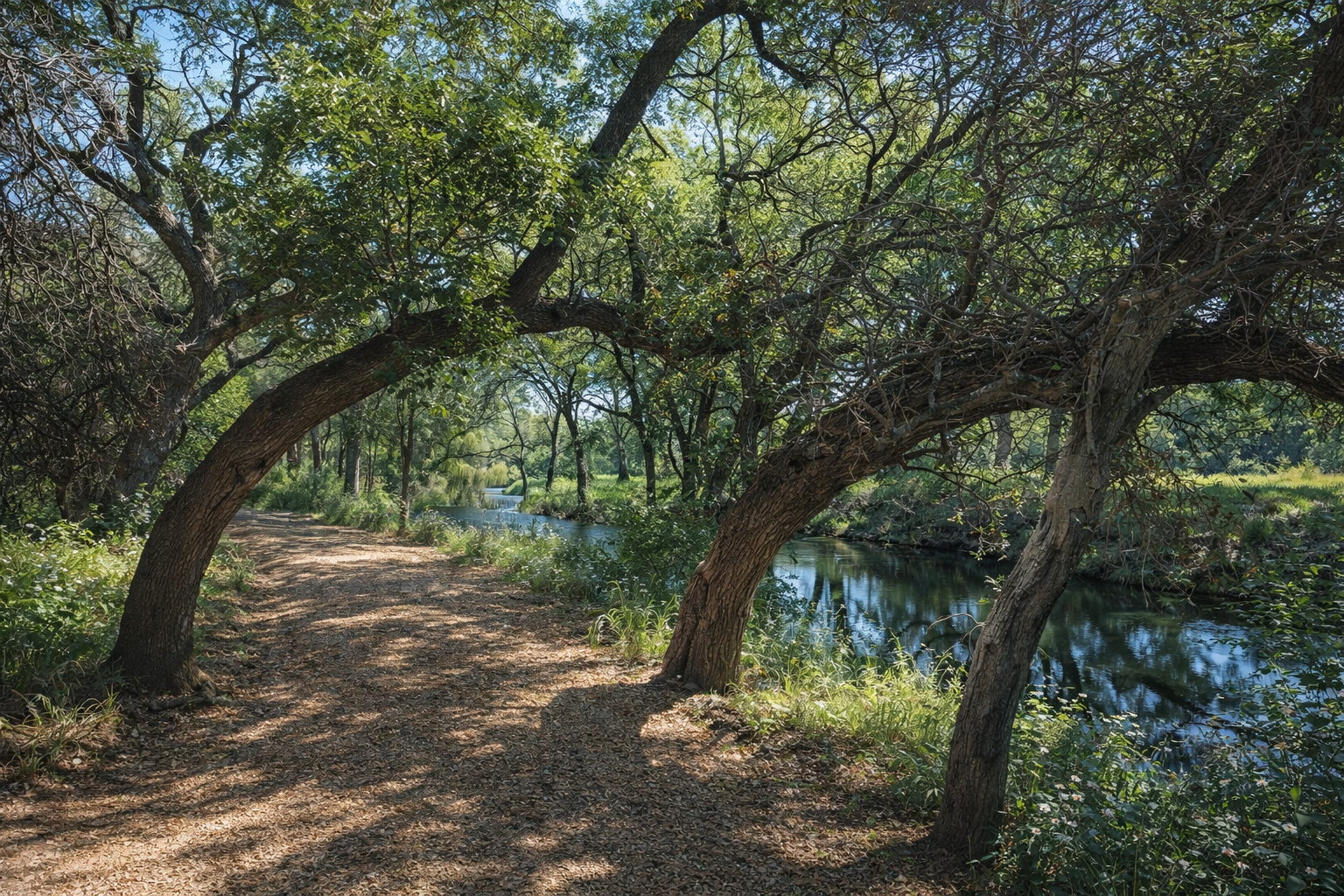 Lantern-lit trail winding through the community at dusk